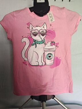 The Children's Place Pink Cat & Milkshake Graphic Tee with Teal Scarf